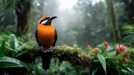 This stunning image showcases a vivid orange bird perched on a mossy branch in a verdant rainforest, capturing the beauty of nature in a serene atmosphere.