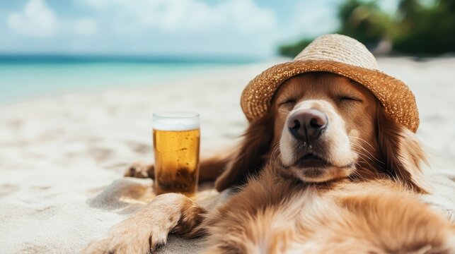 This carefree image features a relaxed golden retriever sunbathing on the beach next to a chilled beer, capturing the essence of leisure, joy, and the perfect summer vibe.