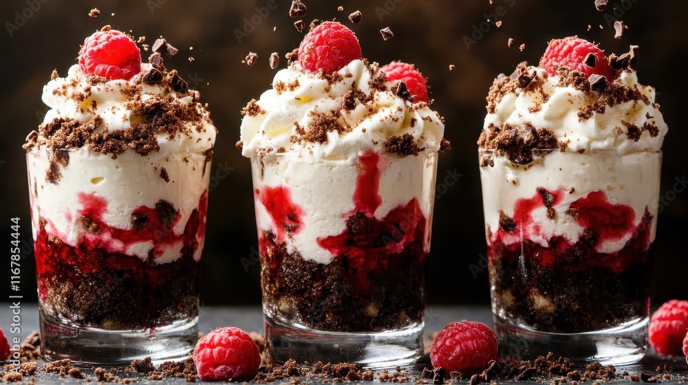 Poster this delectable dessert image features rich raspberry layers topped with whipped cream and chocolate