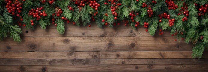 Dense foliage of Christmas evergreen branches and colorful berries on a rough wooden surface ,  christmas,  wood,  berries
