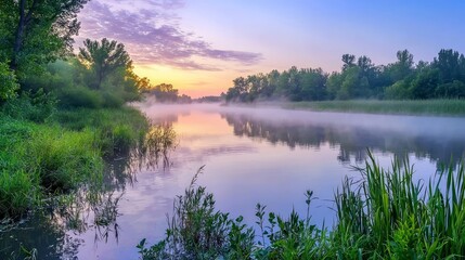 Tranquil Dawn on Foggy Riverbank: Serene Reflections in Still Waters