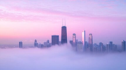 Fototapeta premium Misty Dawn over Urban Skyscrapers: Capturing Serene Pastel Cityscape in Soft Light