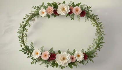 Floral wreath wedding invitation card with greenery and flowers arranged around a circular frame ,  elegance,  nature,  floral wreath