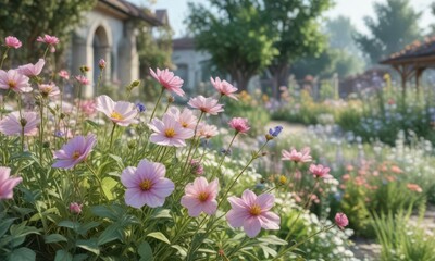Delicate watercolor flowers blooming in a garden,  flowers,  colorful,  floral design
