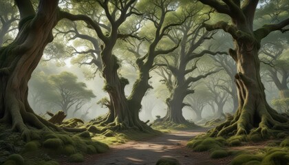 Dense cluster of tall oak trees with gnarled branches and moss-covered trunks, oak,  trees,  foliage