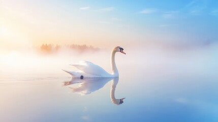Fototapeta premium Misty Morning Serenity: Tranquil Lake with Graceful Swan Gliding on Water Surface