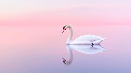 Obraz premium Majestic Swan Dancing in the Mist: Capturing Serenity at a Tranquil Lake