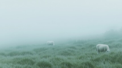 Tranquil Foggy Meadow with Grazing Sheep Bathed in Soft Light - Serene Pastoral Scene of Natural Beauty | Ultra-Detailed Photo