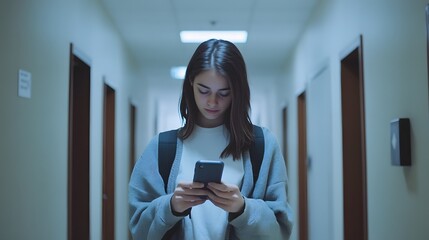 Young woman uses phone in hallway corridor