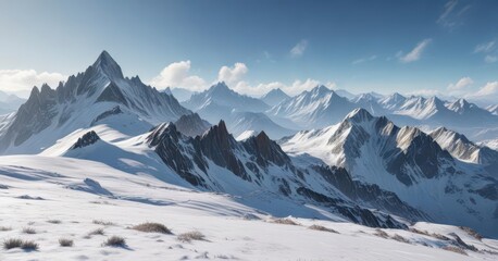 Frosty mountain landscape with snow-capped peaks and icy ridges,  cold,  winter, snow