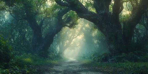Obraz premium Enchanted Forest Trail: Serene Misty Path among Ancient Trees with Magical Light Filtering Through Foliage - Ultra-Detailed Nature Photograph