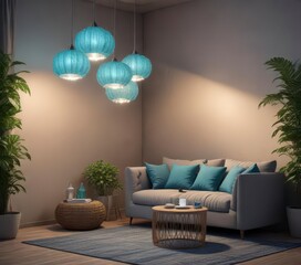 Grey mint lamp pendant above pouf sofa set with blue pillows in a cozy corner room, corner room, grey, sofa