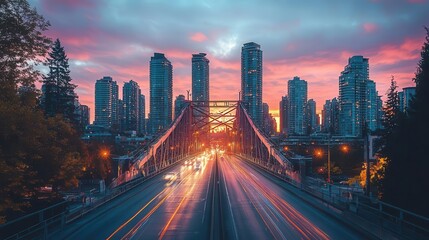 Fototapeta premium Bridge with city skyline, modern suspension bridge with cars crossing, tall skyscrapers in the background, sunset casting warm tones