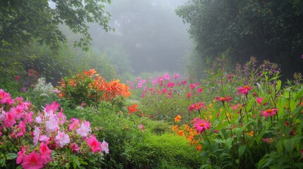 Fototapeta premium Tranquil Beauty of a Misty Morning in a Vibrant Flower Garden