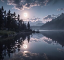 Fototapeta premium Ethereal clouds drift lazily across a dreamy, moonlit lake scene at dusk , cloud, sky, lake