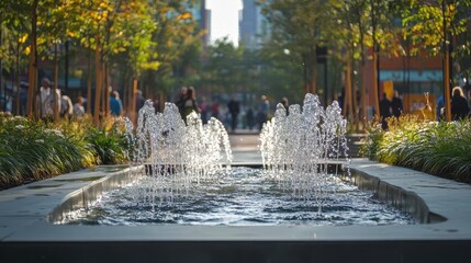 City square with fountains, modern plaza with flowing water features, people walking and enjoying the day, urban community hub