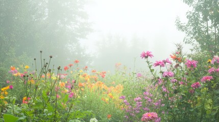 Obraz premium Serene Beauty: Misty Morning in Vibrant Flower Garden with Soft Light Illuminating Blossoms