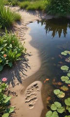 Naklejka premium Footprints in the sand beside a small pond with aquatic plants and water lilies, ecological footprint, conservation, nature