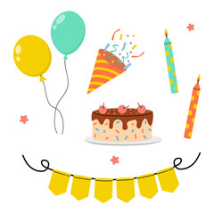 Colorful party decorations featuring balloons, cake, and candles for a festive celebration