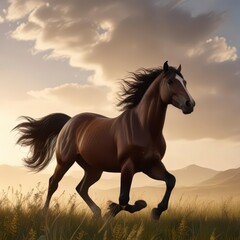 Fototapeta premium Horse silhouette galloping with wind flowing through its mane in a vast meadow, meadow, wind, outdoor