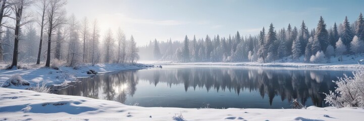 Obraz premium Frosty landscape with snow-covered trees and a frozen lake in the background , space, forest, ice