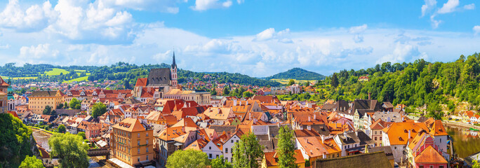 Summer cityscape, panorama, banner - top view of the Old Town of Cesky Krumlov, Czech Republic