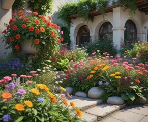 lush greenery and colorful flowers in a tranquil outdoor corner,  garden,  nature,  outdoors