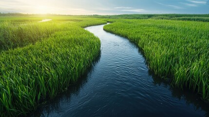 Environmental engineering sustainability remediation Concept. A serene landscape featuring a winding river surrounded by lush green grass under a bright sky.