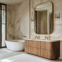 Fototapeta premium an elegant bathroom with a wood floating vanity with gold faucets and a freestanding modern bathtub