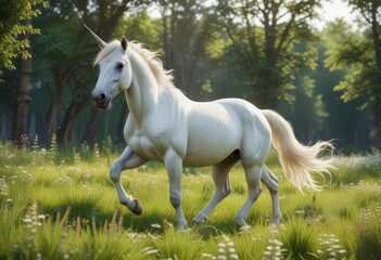 Naklejka premium Majestic white unicorn stallion prancing in a lush meadow, sunlight, white unicorn, mystic