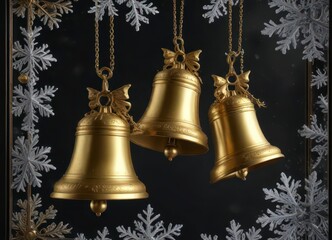Gold bells and snowflakes adorn a frosty windowpane isolated on black background ,  bells,  snowflakes,  gold