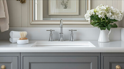 a sink in a beautiful bathroom a grey cabinet under the sink