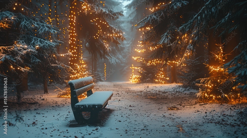 Poster snowy forest path with lights and bench.