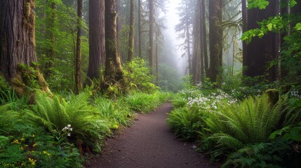 Obraz premium Serene Forest Clearing at Dawn with Fog, Ferns, and Wildflowers Creating a Magical Atmosphere