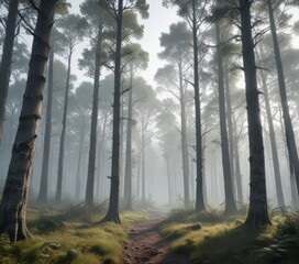 Misty morning woods with distant hills and tall trunks,  trees, misty,  landscape