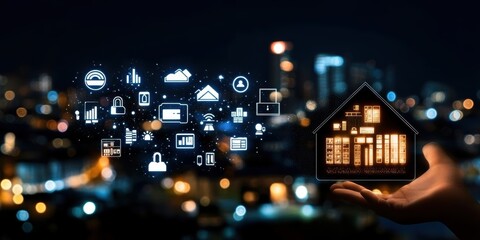 Obraz premium Smart Home Technology Hand Holding Digital House with IoT Icons and City Lights Background
