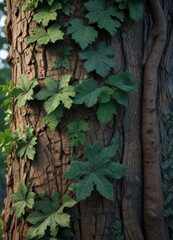 Intricate patterns of dark green leaves on a tree trunk at dusk, dark green,  forest,  outdoors