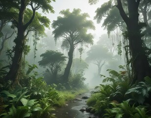 Naklejka premium Green misty jungle with towering trees and vines, jungle, vegetation, trees