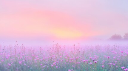 Naklejka premium Serene Morning in a Colorful Flower Field with Glistening Dew - Peaceful Landscape Photography