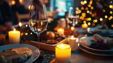 Holiday family gathering, cheerful conversation around a dinner table, candles and warm lighting, festive decor and food