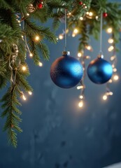 Hanging Christmas ornament elements on a blue background with festive lights and garlands ,  festive,  garlands,  christmas