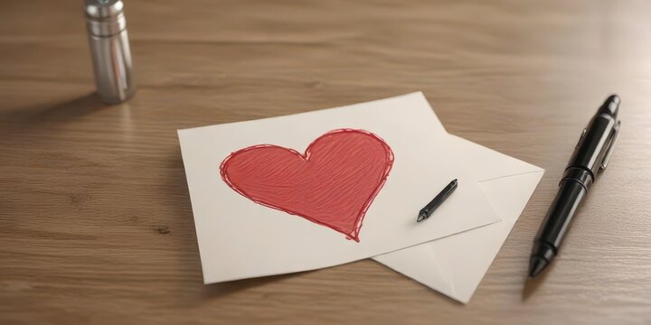 Hand-drawn heart with a small card and a pen on it ,  card,  drawing,  affection