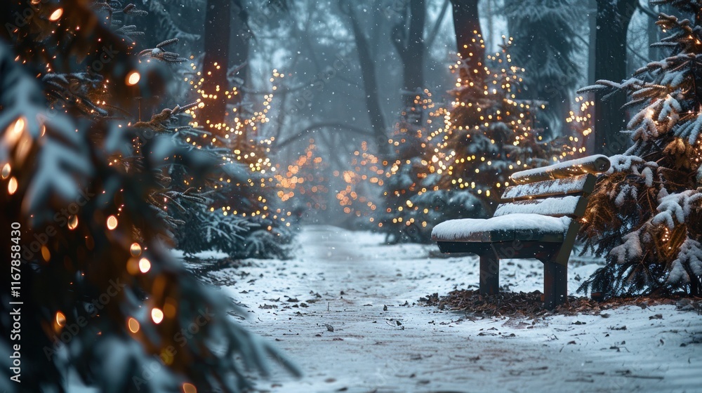 Poster snowy park path with illuminated trees and bench.