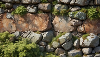 Mottled brown stone wall with moss and lichen growth,  nature,  texture,  architecture