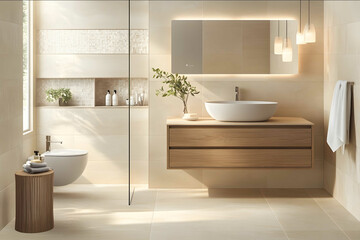 A bathroom with light beige tiles a wooden vanity and soft natural light for a soothing elegant feel 32k full ultra HD high resolution