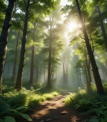Lush green forest with tall trees and sunlight filtering through leaves,  sunlight,  scenery,  wilderness