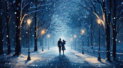 beautiful picture of a couple walking in the distance floor falling flakes snow