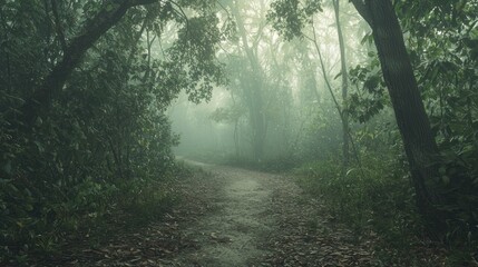 Obraz premium Ethereal Glow on Tranquil Forest Path Enveloped in Thick Fog and Sunlight Beams