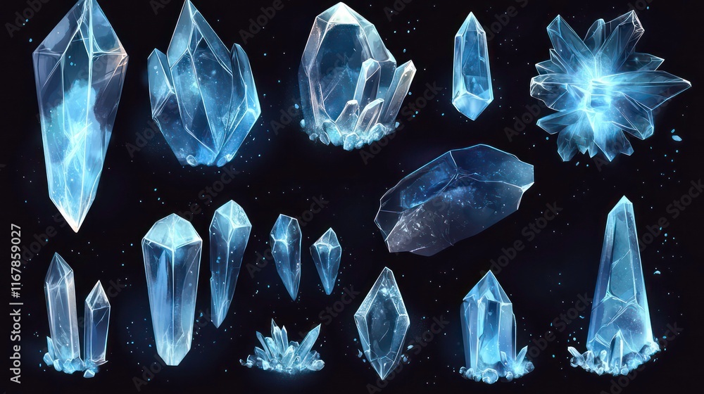 Poster magical collection of glowing ice crystals in various geometric shapes. transparent gem elements wit