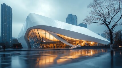 Obraz premium Museum with modern architecture, sleek geometric design, glass and steel exterior, bright and airy atmosphere, cultural landmark